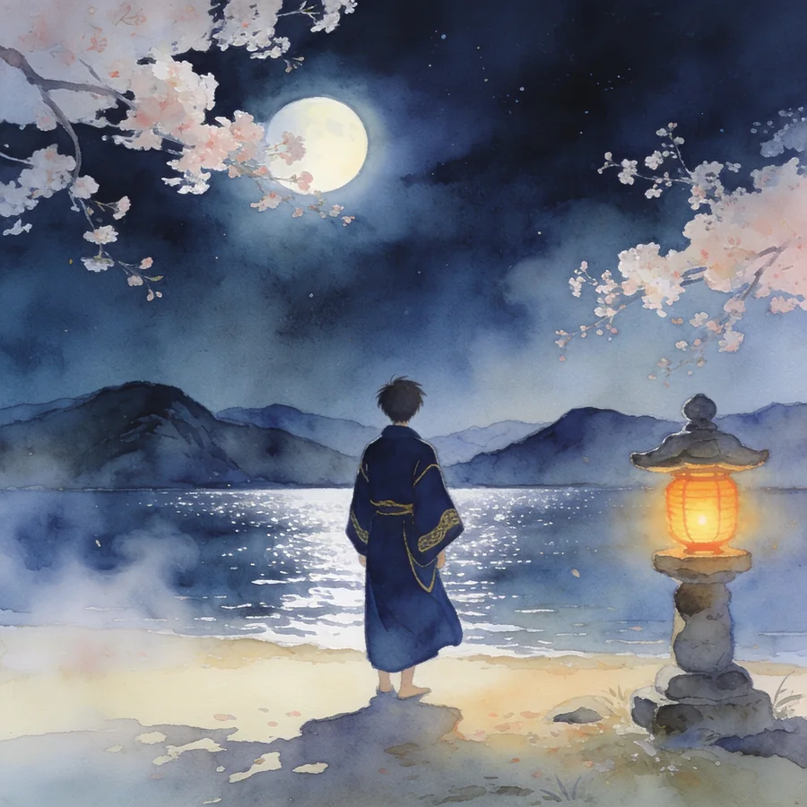 A lone figure on a moonlit lakeshore, a single lantern glowing nearby