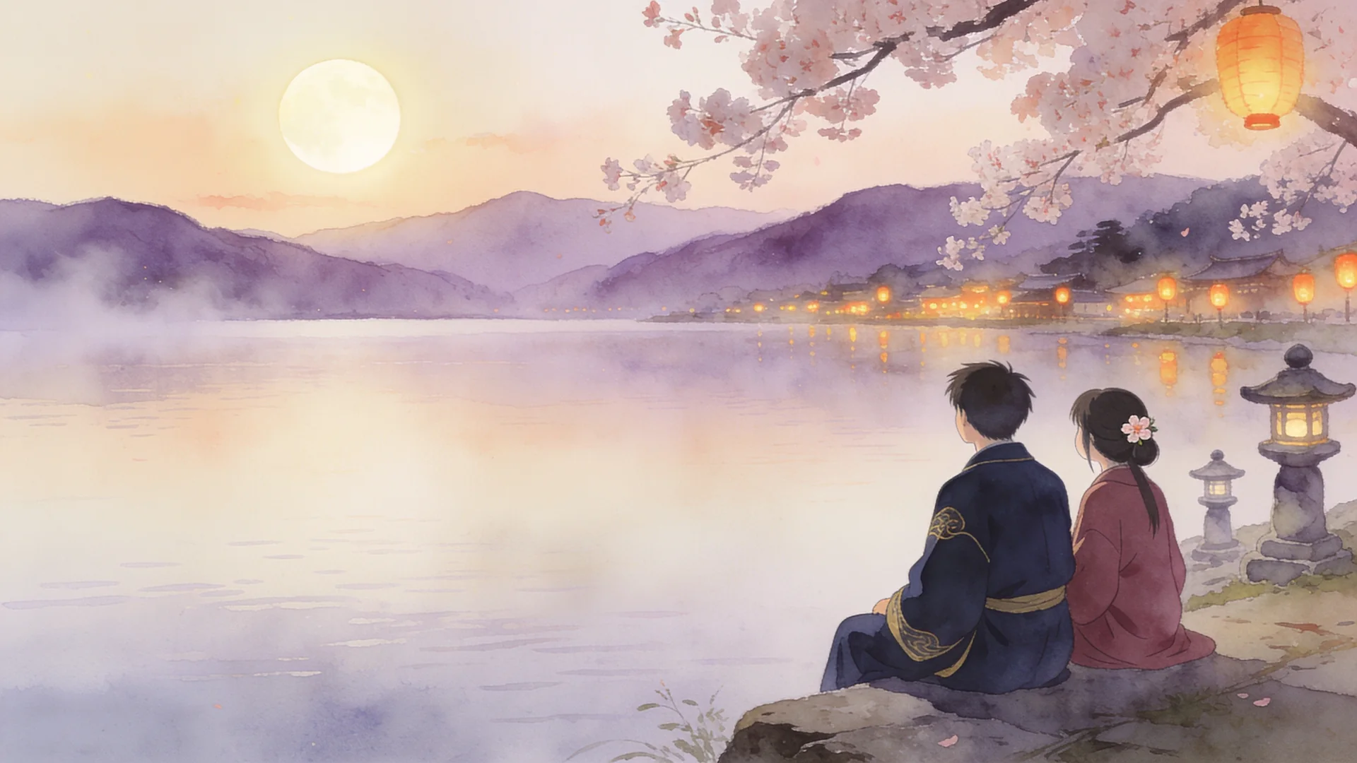 Two figures sitting together on a moonlit lakeshore beneath cherry blossoms, distant village lanterns across the water
