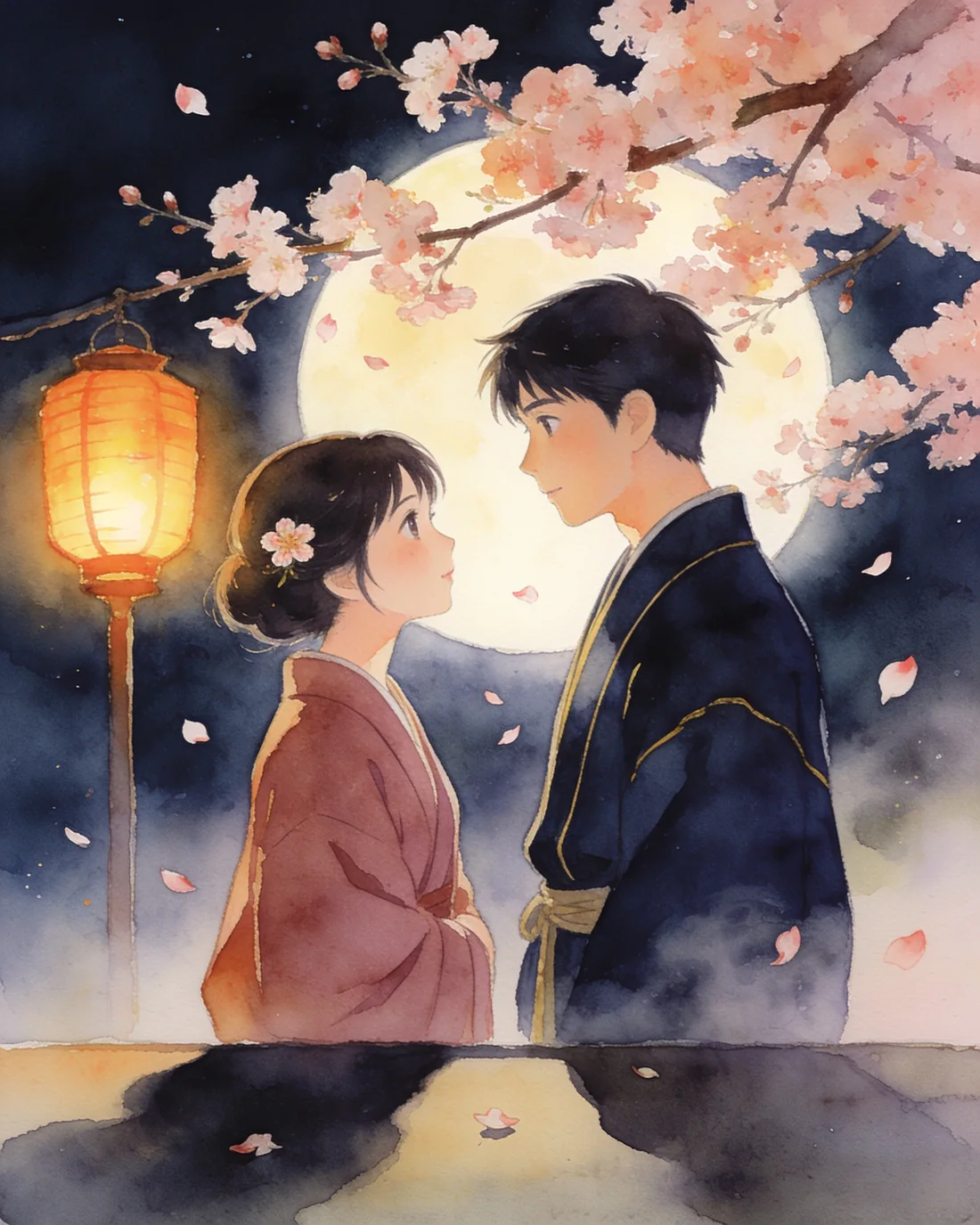 Two figures standing quietly together beneath blossoming branches in lantern light